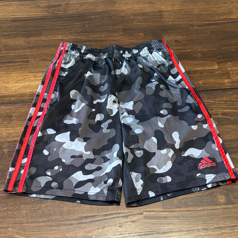 Adidas Black and Gray Camo Shorts with Red Accents